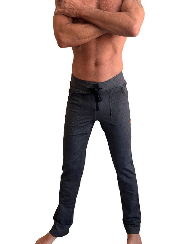 Performance Premium Long Cuffed Jogger Yoga Sweat Pants Charcoal Heather shown in relaxed winter fit