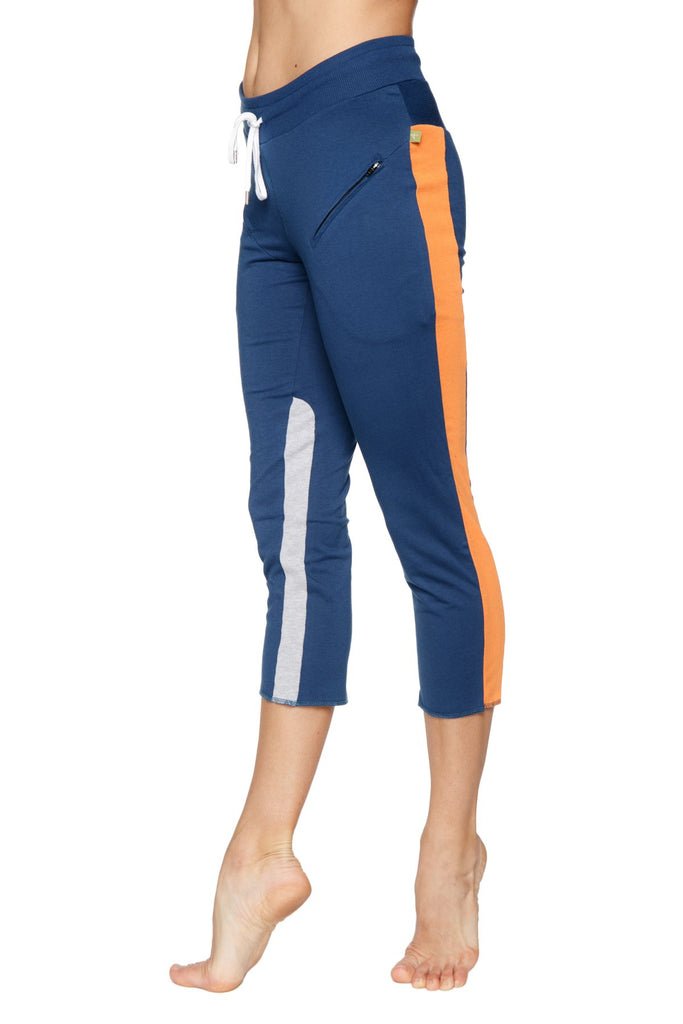 Women's 4/5 Length Zipper Pocket Capri Yoga Pant (Royal w/Orange & Grey) Womens Capris 4-rth 
